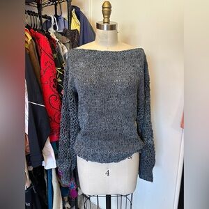 RARE MADE IN TURKEY Genuine Brown Navy Blue Leather Woven knit Top